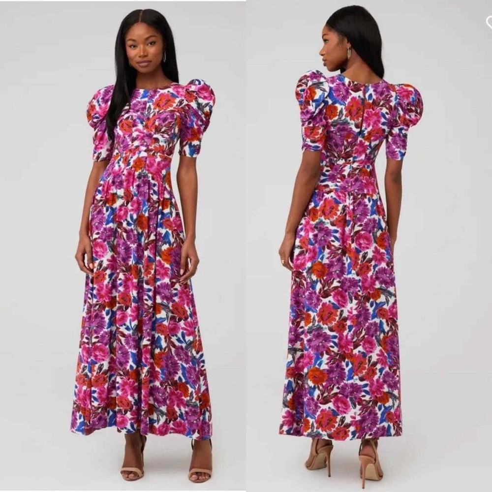 For Love & Lemons Fitted Waist Floral Cap Sleeve Cassandra Maxi Dress